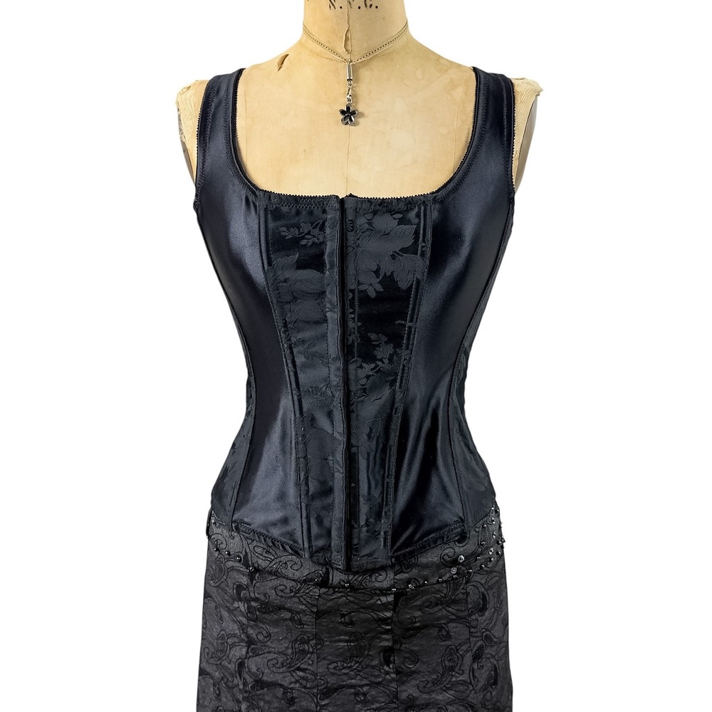 Vintage Black Satin Jacquard Corset Lace Up Back Gothic Renfaire Size Small